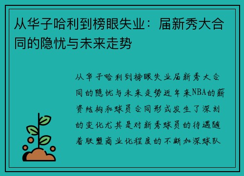 从华子哈利到榜眼失业：届新秀大合同的隐忧与未来走势