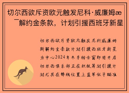 切尔西欲斥资欧元触发尼科·威廉姆斯解约金条款，计划引援西班牙新星