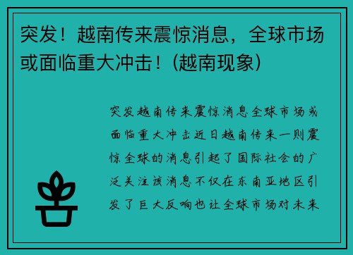 突发！越南传来震惊消息，全球市场或面临重大冲击！(越南现象)