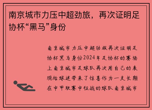 南京城市力压中超劲旅，再次证明足协杯“黑马”身份