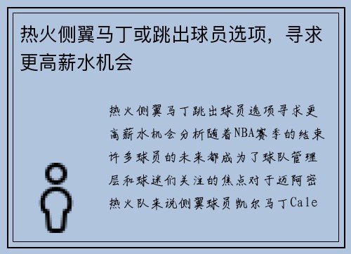 热火侧翼马丁或跳出球员选项，寻求更高薪水机会