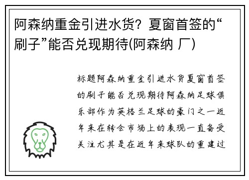 阿森纳重金引进水货？夏窗首签的“刷子”能否兑现期待(阿森纳 厂)