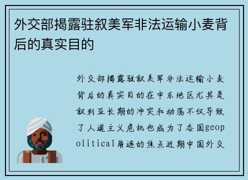 外交部揭露驻叙美军非法运输小麦背后的真实目的